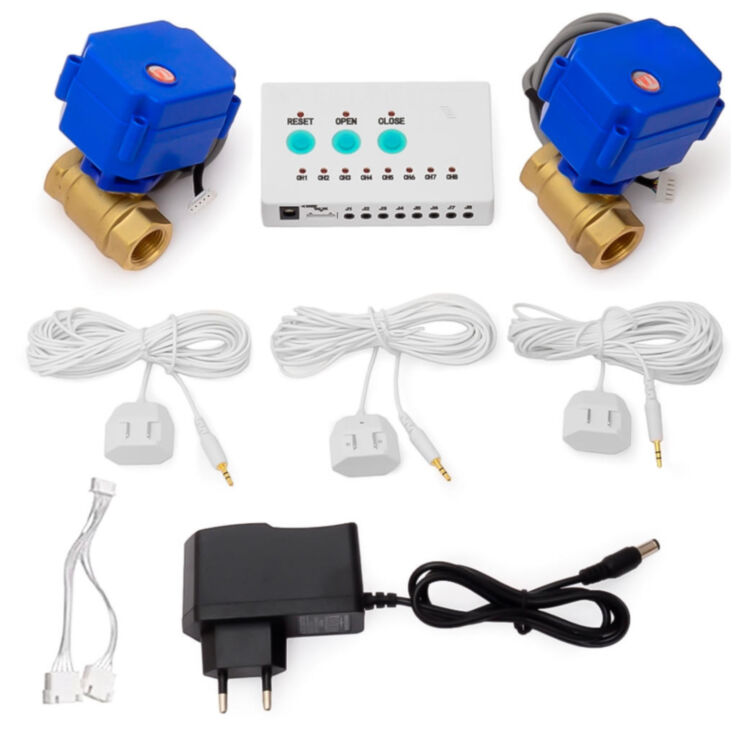 Комплект защиты от протечек KIT-QT0702-DN15 на 1/2" с проводными датчиками протечки 6 метров, блоком управления
